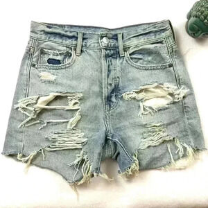 American Eagle ButtonFly Highrise Bleach Fade Distress Fray Denim Shorts Size 00